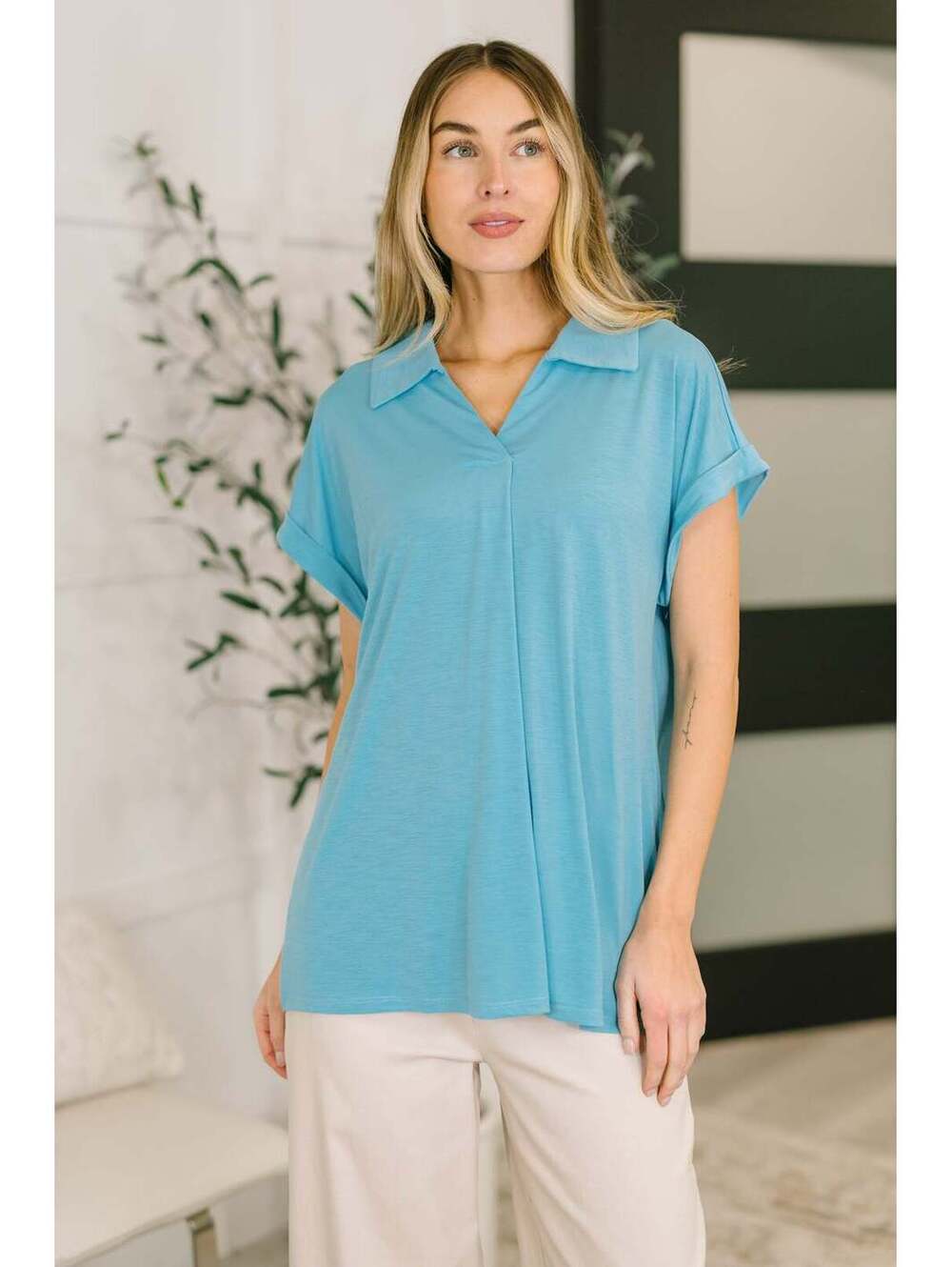 Sea You Soon Collared Top in Costal Blue